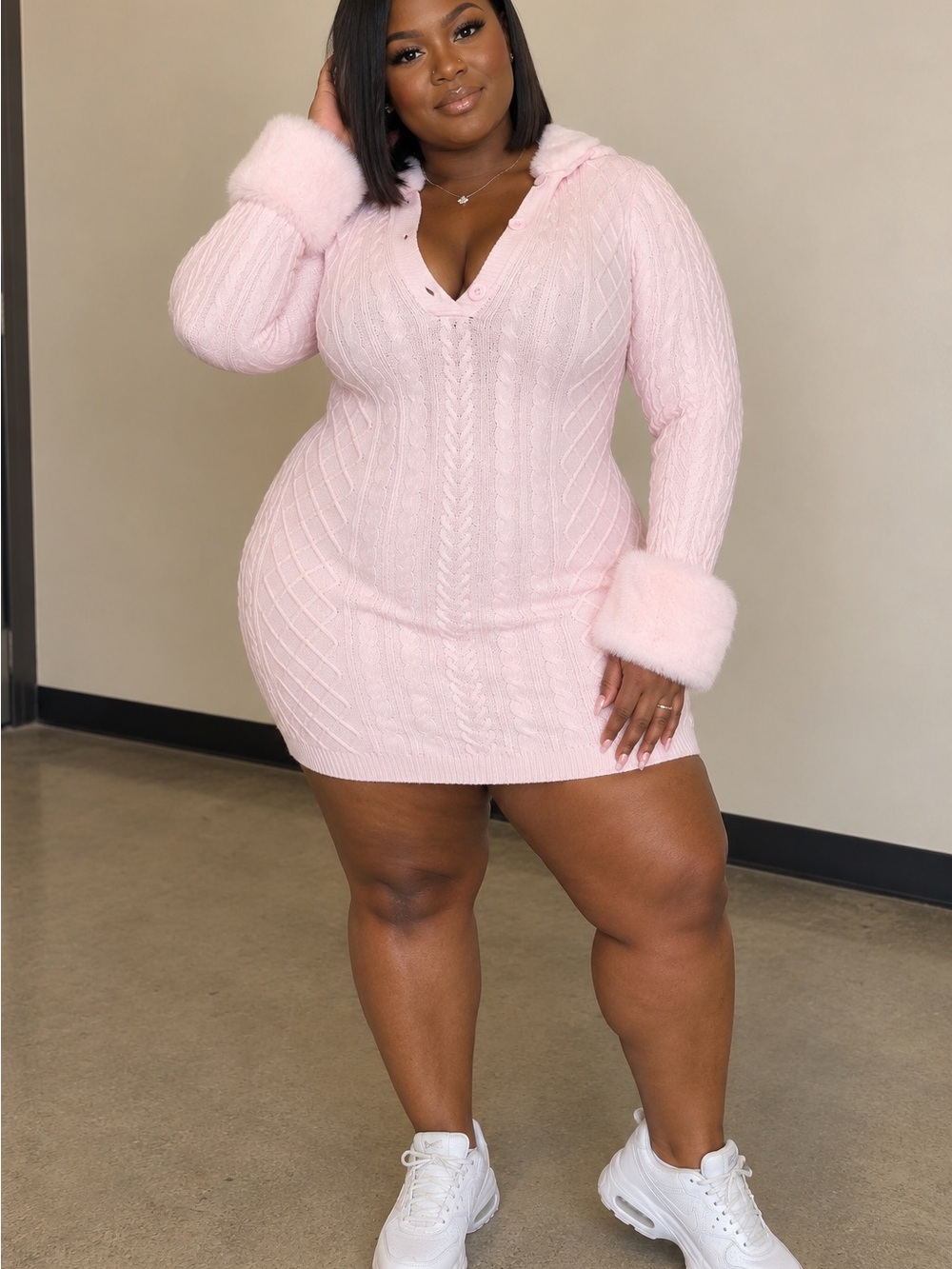 Fashion Nova Pink Cable Knit Hooded Mini Dress with Faux Fur Cuffs